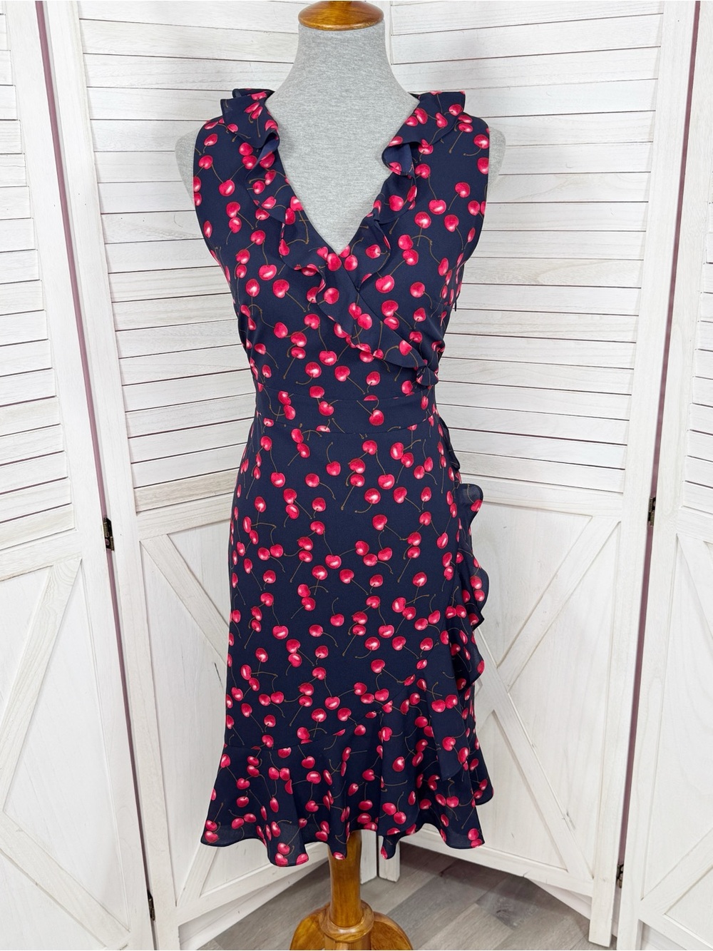 J. Crew Cherries Print Ruffle Trim Faux Wrap Sheath Dress Blue Red 8 Sleeveless